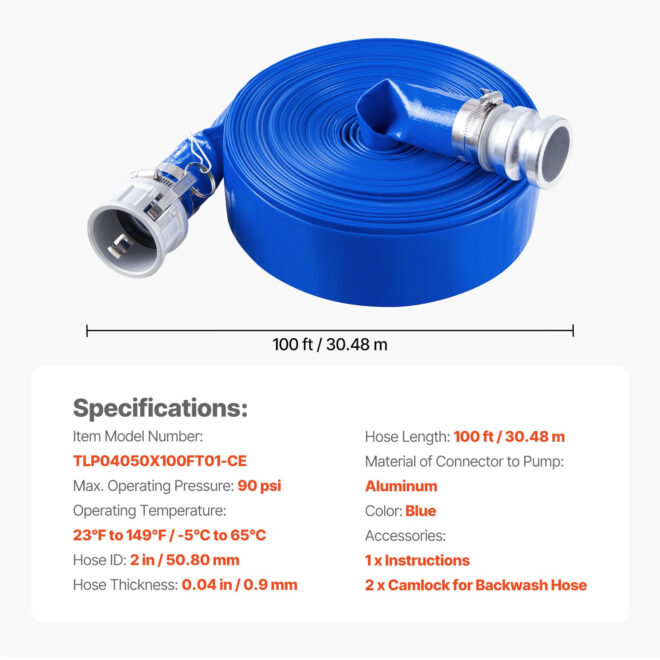 VEVOR Backwash Hose 2 in x 100 ft Blue High Quality Hose Complete Fittings - Image 7