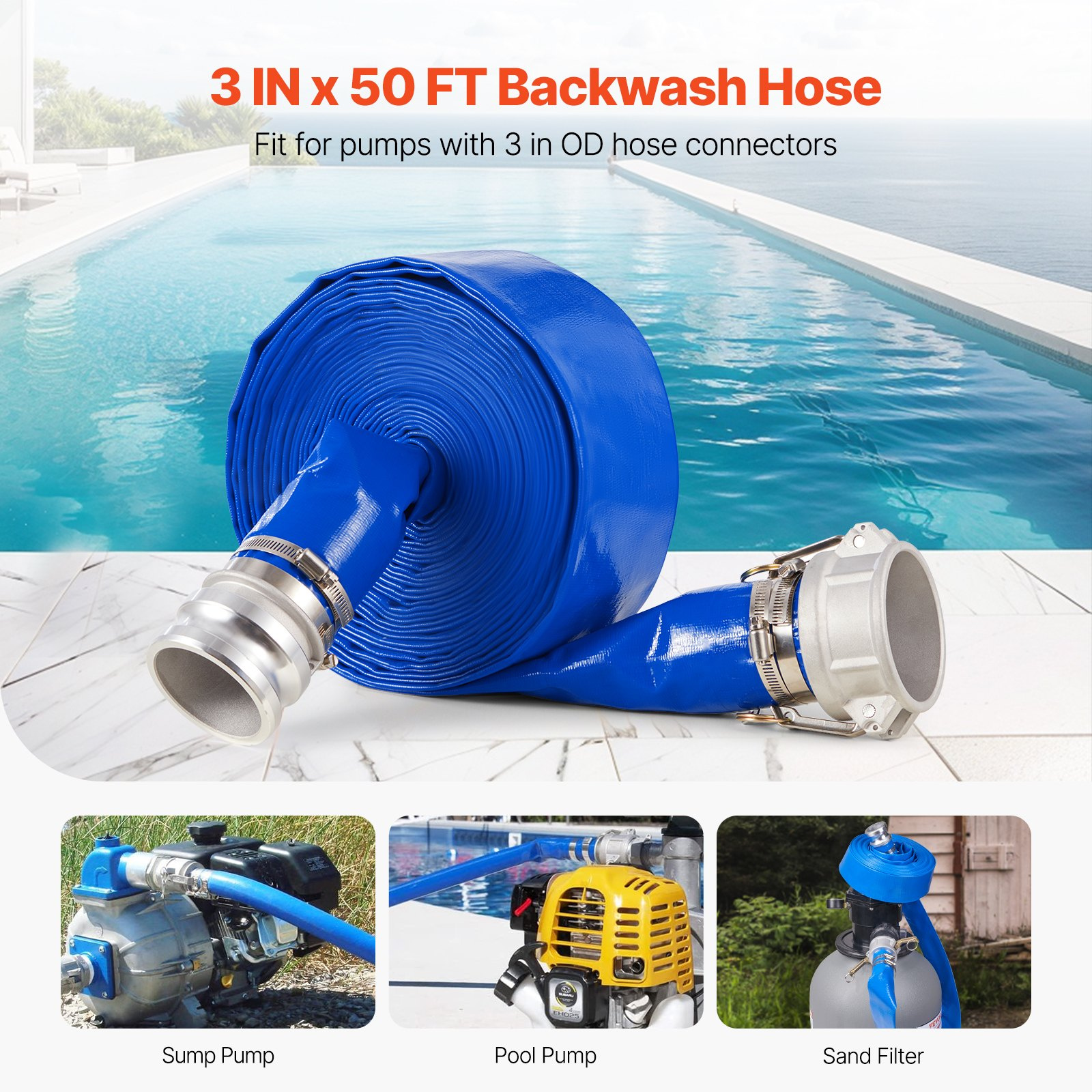 VEVOR Backwash Hose 3 in x 50 ft Blue High Quality Hose Complete Fittings - Image 2