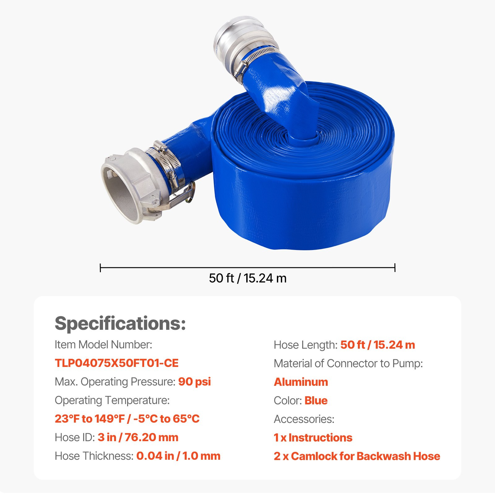 VEVOR Backwash Hose 3 in x 50 ft Blue High Quality Hose Complete Fittings - Image 7