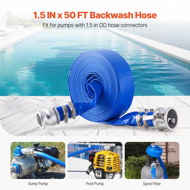 VEVOR Backwash Hose 1.5 in x 50 ft Blue High Quality Hose Complete Fittings - Image 2