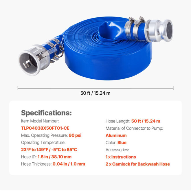 VEVOR Backwash Hose 1.5 in x 50 ft Blue High Quality Hose Complete Fittings - Image 7