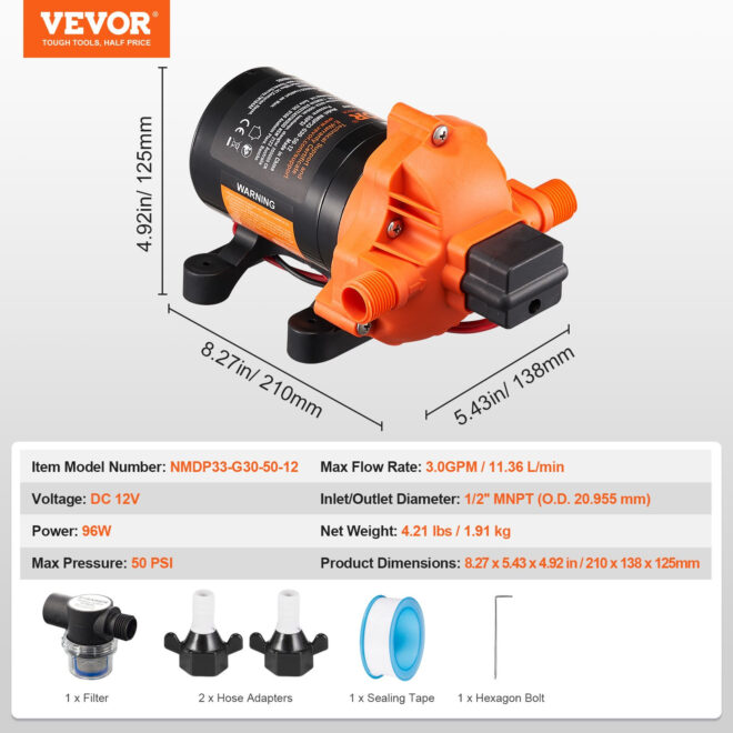 VEVOR 12V Diaphragm Pump 3GPM 11.36 L/min 3-Chamber Water Pump Pressure Switch - Image 7