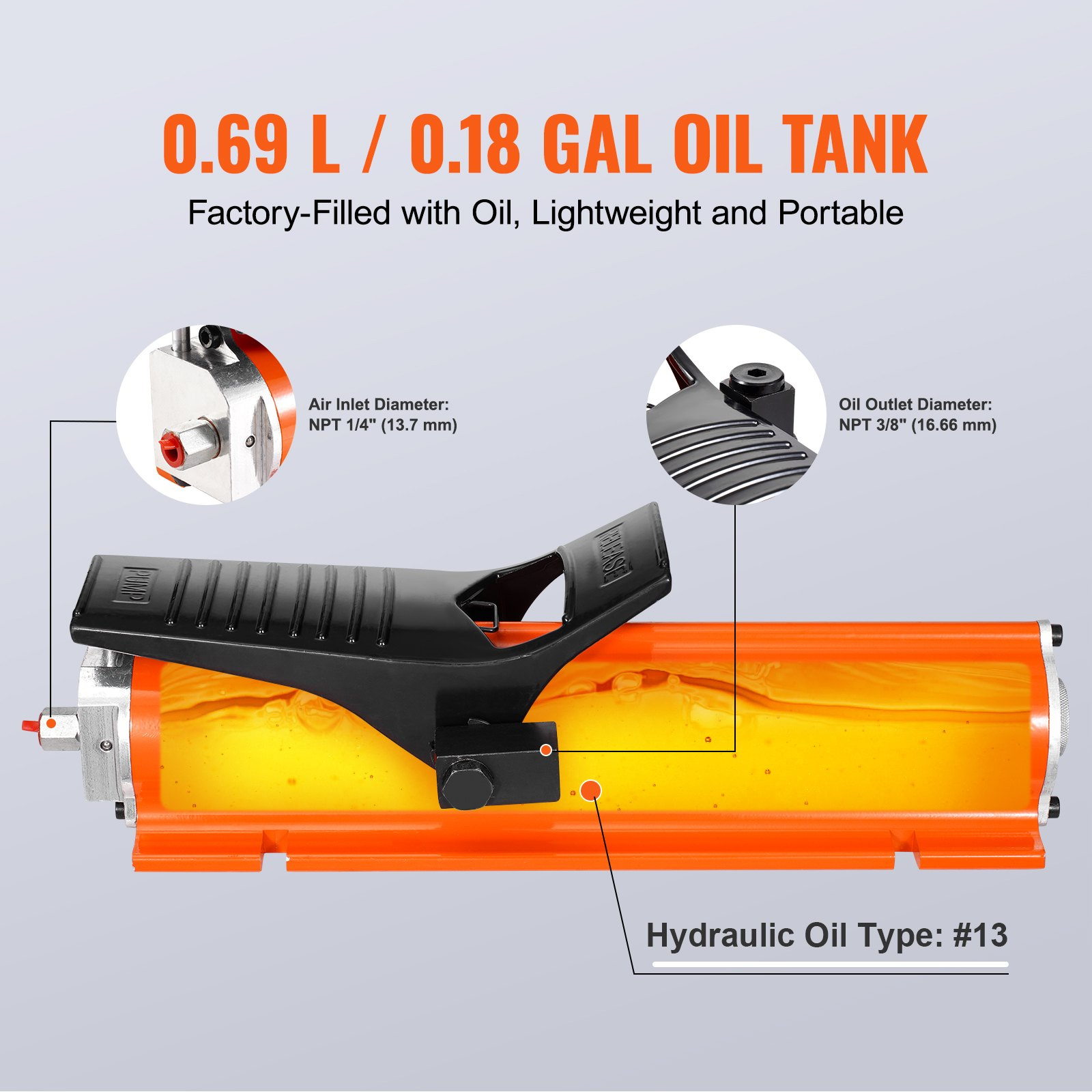 VEVOR 10, 000PSI Air Hydraulic Pump, 0.18 Gal Reservoir, NPT 3/8 in Oil Outlet, NPT 1/4 in Inlet, Metal Shell Air Actuated Treadle Foot Pump, for Precision Industrial Machinery & Aerospace Equipment - Image 4