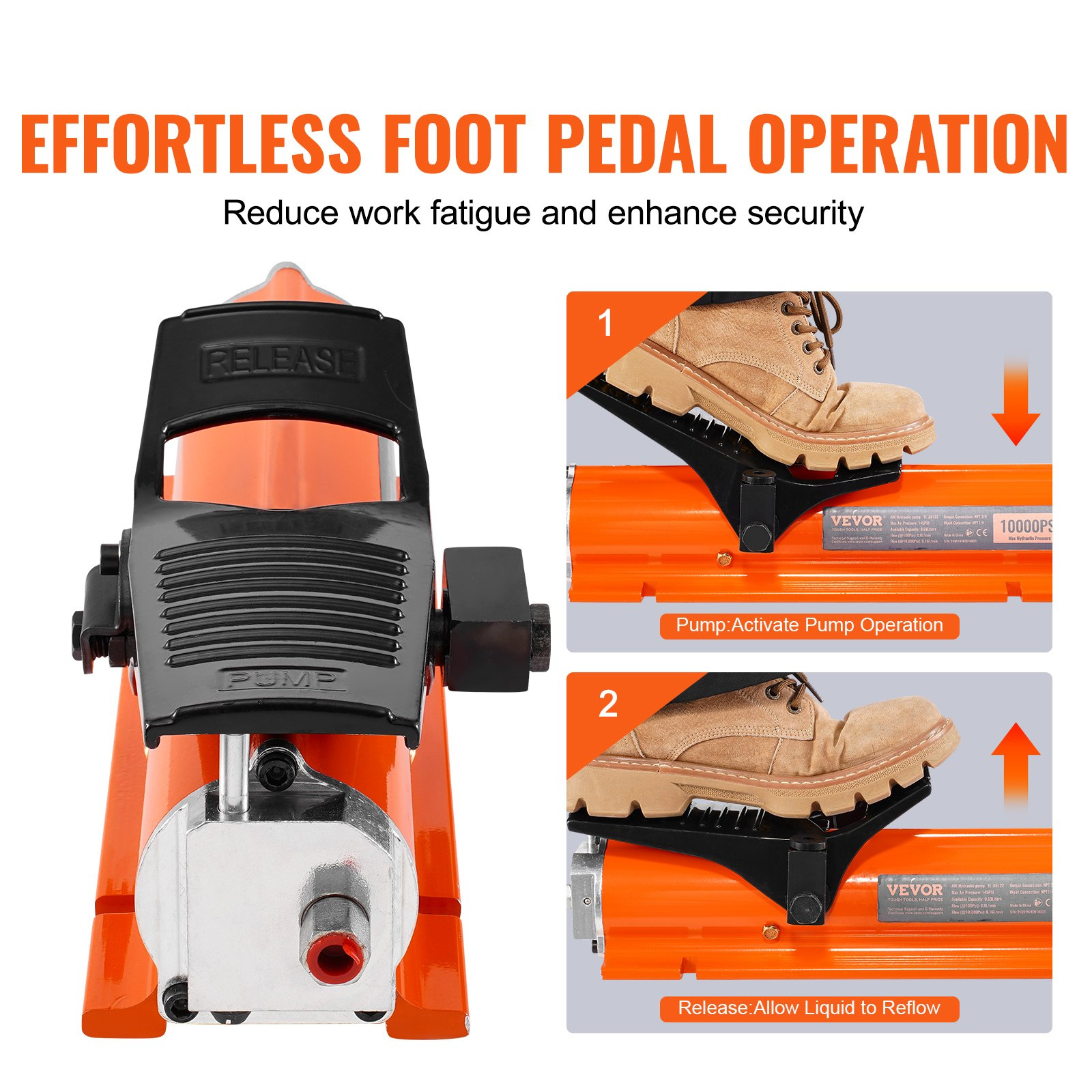 VEVOR 10, 000PSI Air Hydraulic Pump, 0.18 Gal Reservoir, NPT 3/8 in Oil Outlet, NPT 1/4 in Inlet, Metal Shell Air Actuated Treadle Foot Pump, for Precision Industrial Machinery & Aerospace Equipment - Image 5