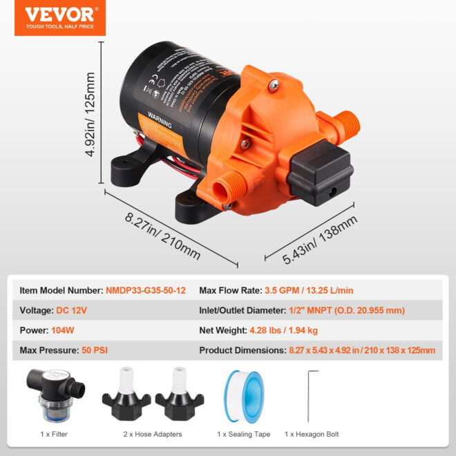 VEVOR 12V Diaphragm Pump 3.5GPM 13.25L/min 3-Chamber Water Pump Pressure Switch - Image 7