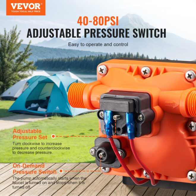 VEVOR 12V Diaphragm Pump 3GPM 11.36 L/min 4-Chamber Water Pump Pressure Switch - Image 3