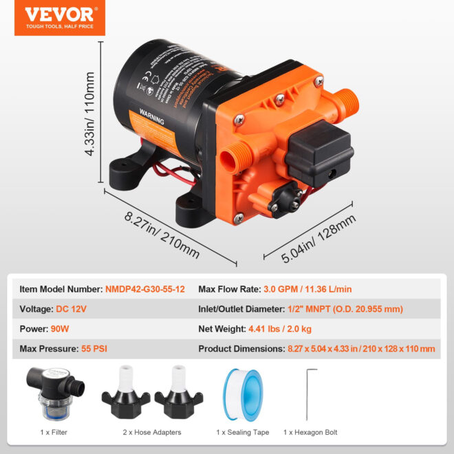 VEVOR 12V Diaphragm Pump 3GPM 11.36 L/min 4-Chamber Water Pump Pressure Switch - Image 7