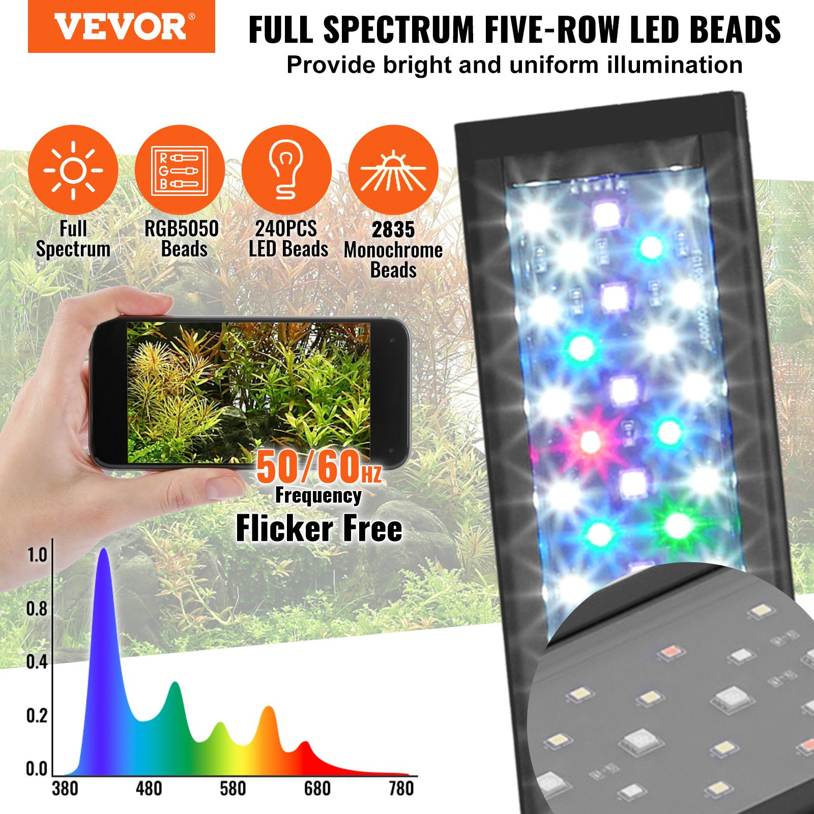 VEVOR Aquarium Light, 48W Full Spectrum Fish Tank Light with 24/7 Natural Mode, Adjustable Timer & 5-Level Brightness, with Aluminum Alloy Shell Extendable Brackets for 48"-54" Freshwater Planted Tank - Image 2