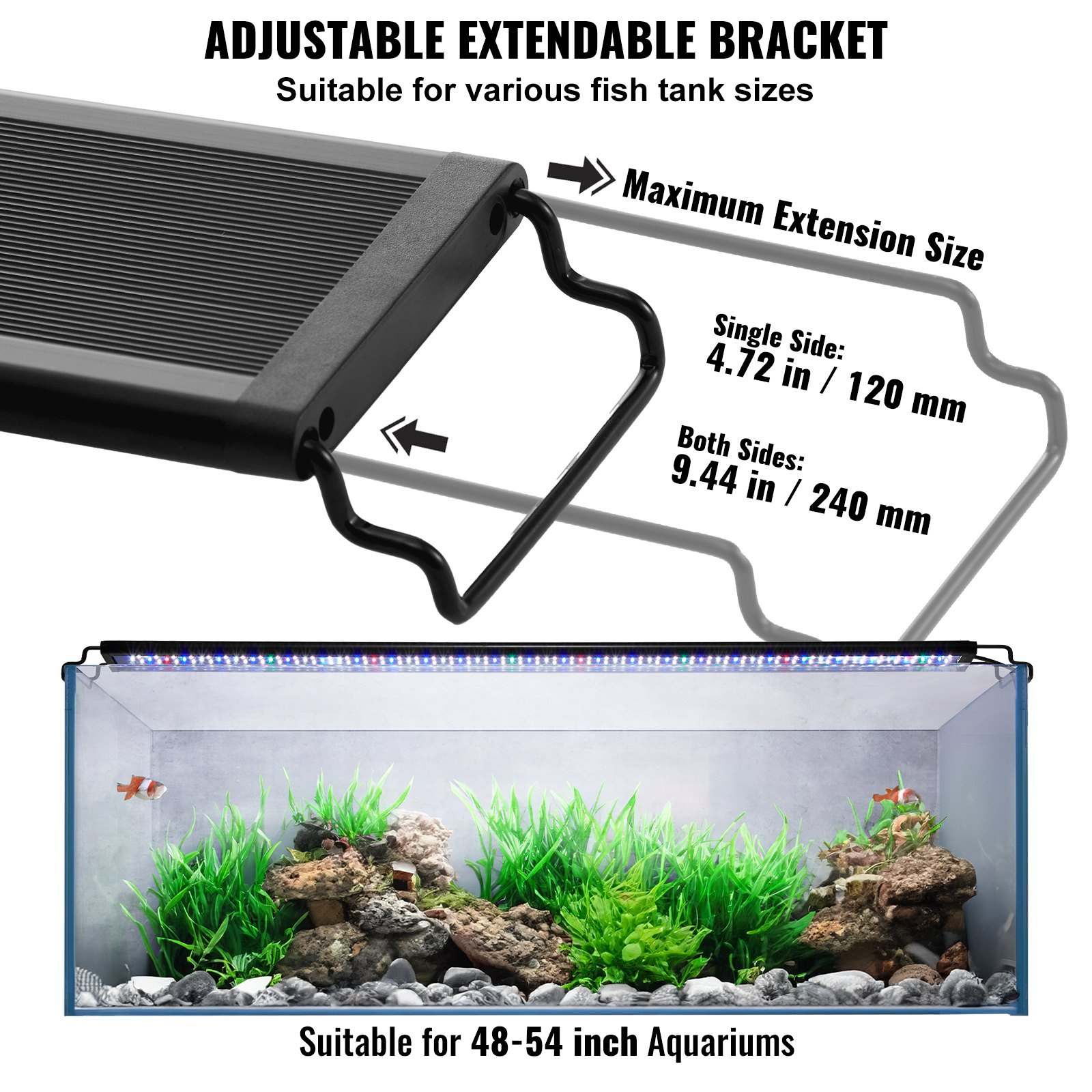 VEVOR Aquarium Light, 48W Full Spectrum Fish Tank Light with 24/7 Natural Mode, Adjustable Timer & 5-Level Brightness, with Aluminum Alloy Shell Extendable Brackets for 48"-54" Freshwater Planted Tank - Image 6