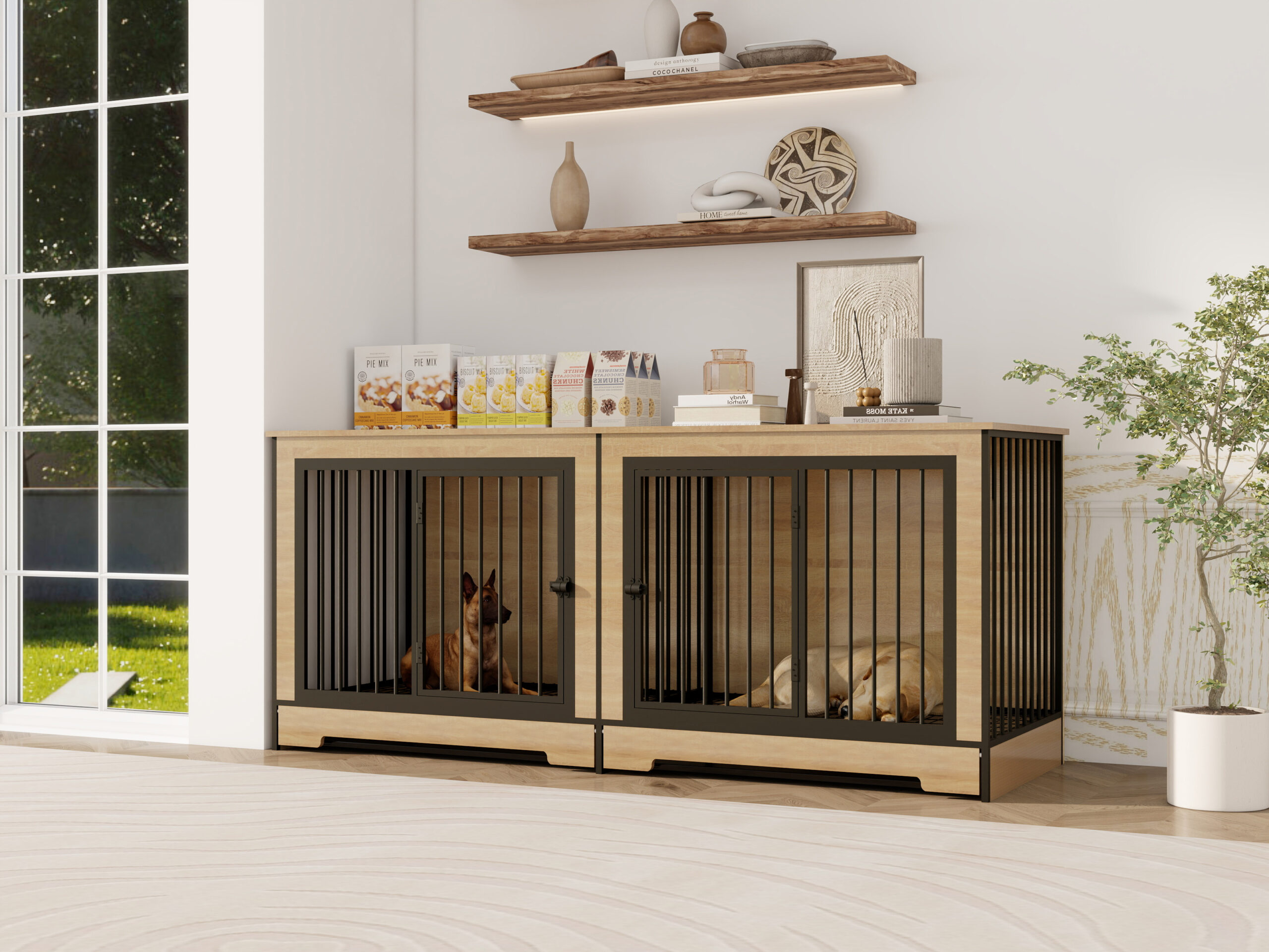 Dog Crate Furniture with Two Combined Room, XL Large Double Dog Cage Furniture with Tray for Medium Large Dogs, Wooden Dog Kennel Furniture - Image 3