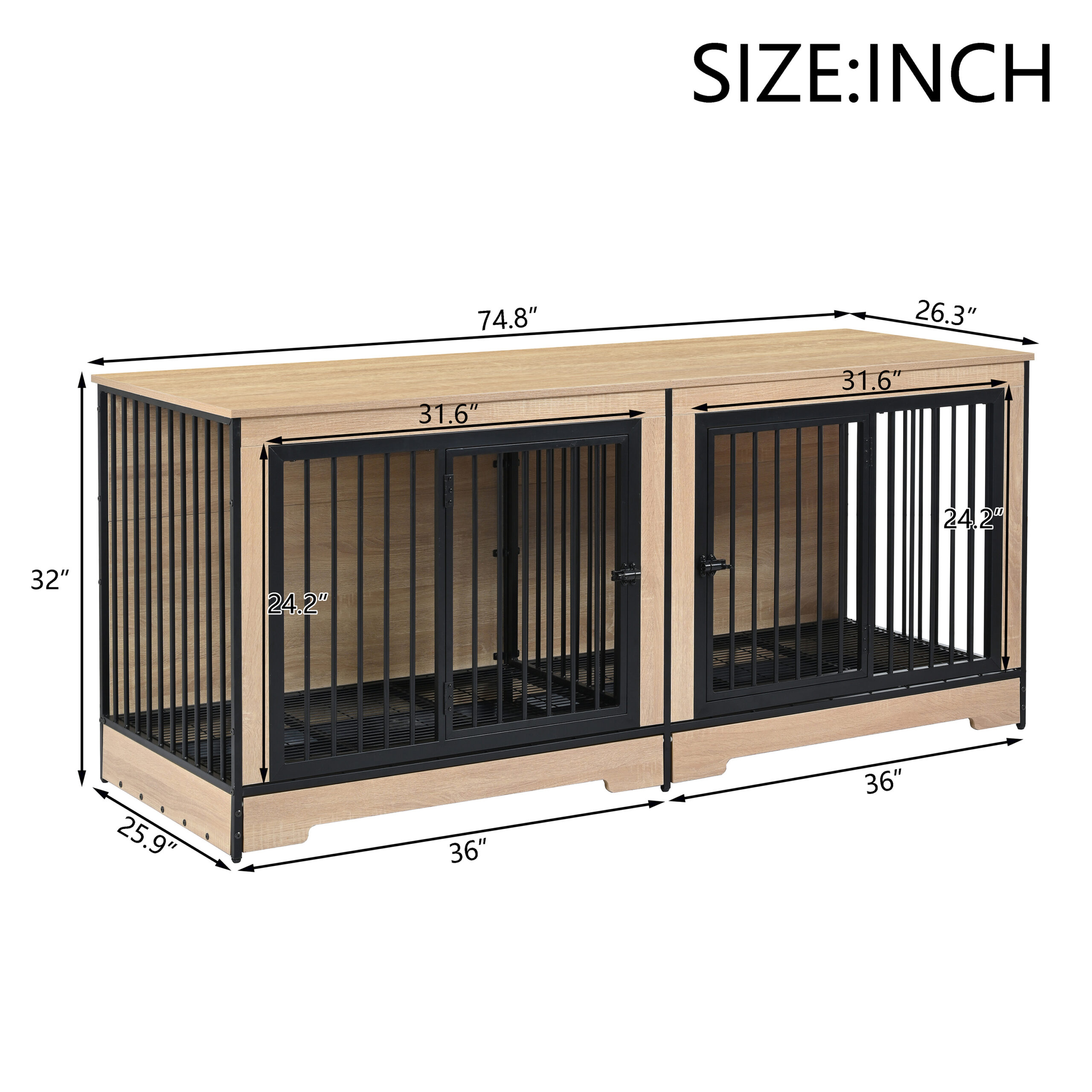Dog Crate Furniture with Two Combined Room, XL Large Double Dog Cage Furniture with Tray for Medium Large Dogs, Wooden Dog Kennel Furniture - Image 18