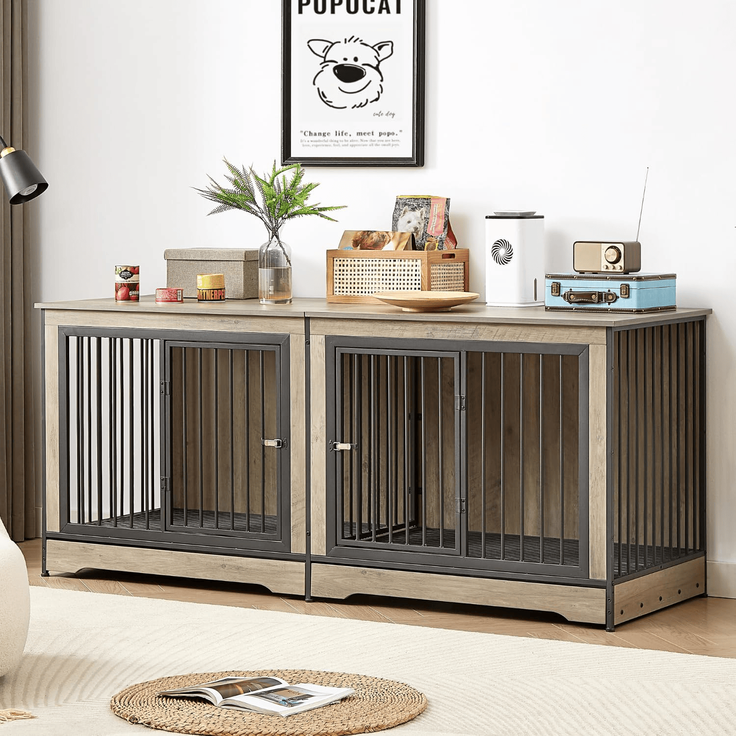 Dog Crate Furniture with Two Combined Room, XL Large Double Dog Cage Furniture with Tray for Medium Large Dogs, Wooden Dog Kennel Furniture - Image 2