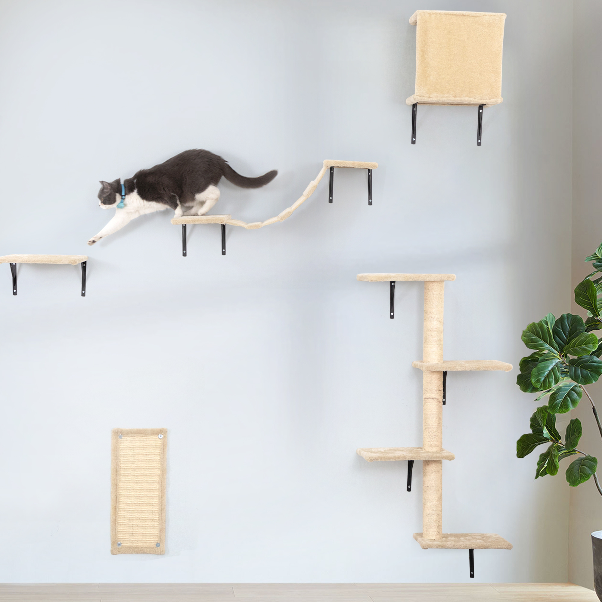 5 Pcs Wall Mounted Cat Climber Set; Floating Cat Shelves and Perches; Cat Activity Tree with Scratching Posts; Modern Cat Furniture - Image 17