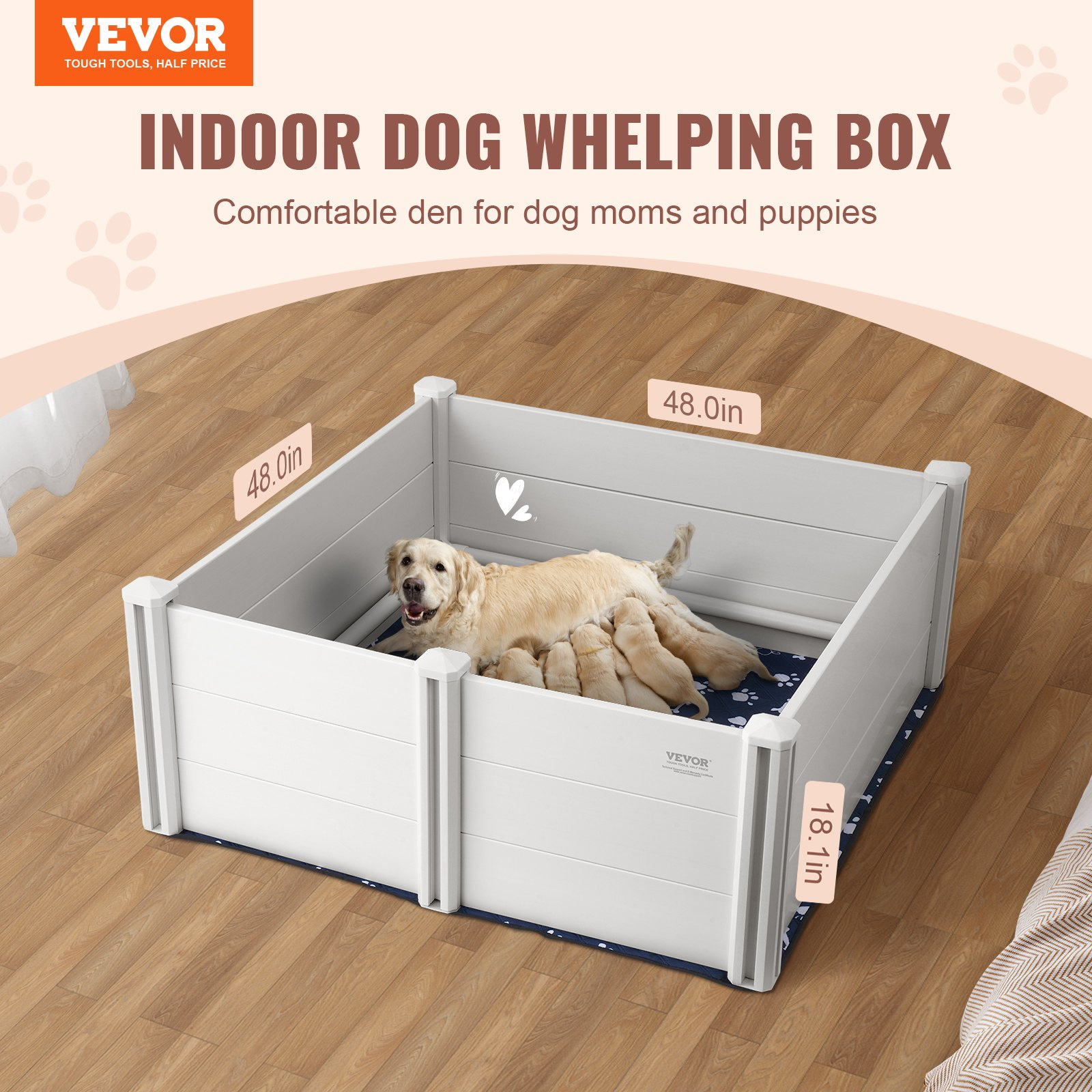 VEVOR Dog Whelping Box 48 x 48 x 18.1in PVC with Rails Pee Pad for Dogs Puppies - Image 2