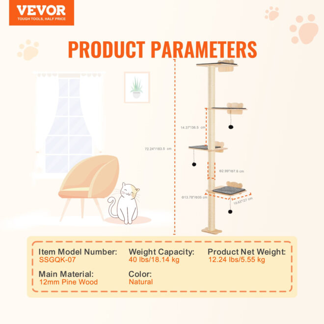 VEVOR Wall Mounted Cat Shelves Tree with Platform Tree-Shaped Cat Furniture Set - Image 7