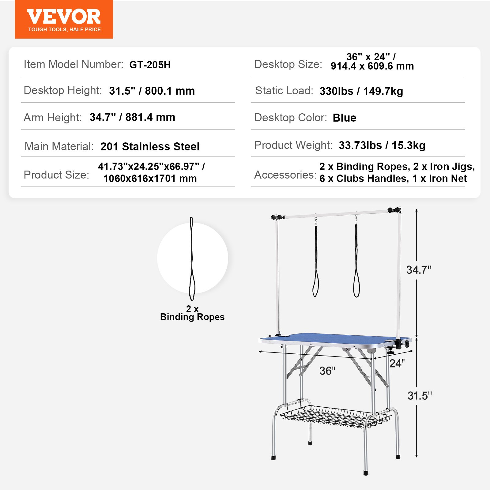 VEVOR Pet Grooming Table Two Arms with Clamp, 36''x24'' Dog Grooming Station, Foldable Pets Grooming Stand for Medium and Small Dogs, Free No Sit Haunch Holder with Grooming Loop, Bearing 330lbs - Image 7