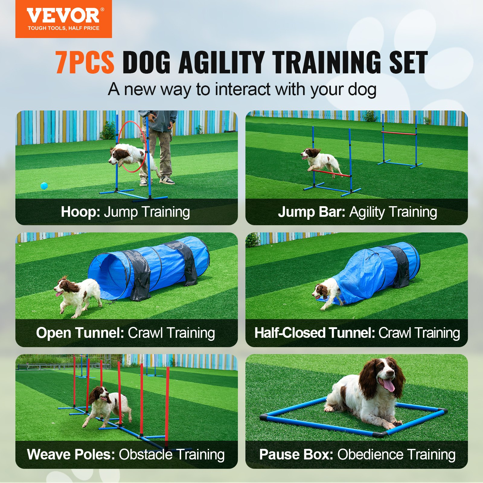 VEVOR Dog Agility Training Equipment 7 PCS Set w/ Hurdles 2 Tunnels Jump Ring - Image 2