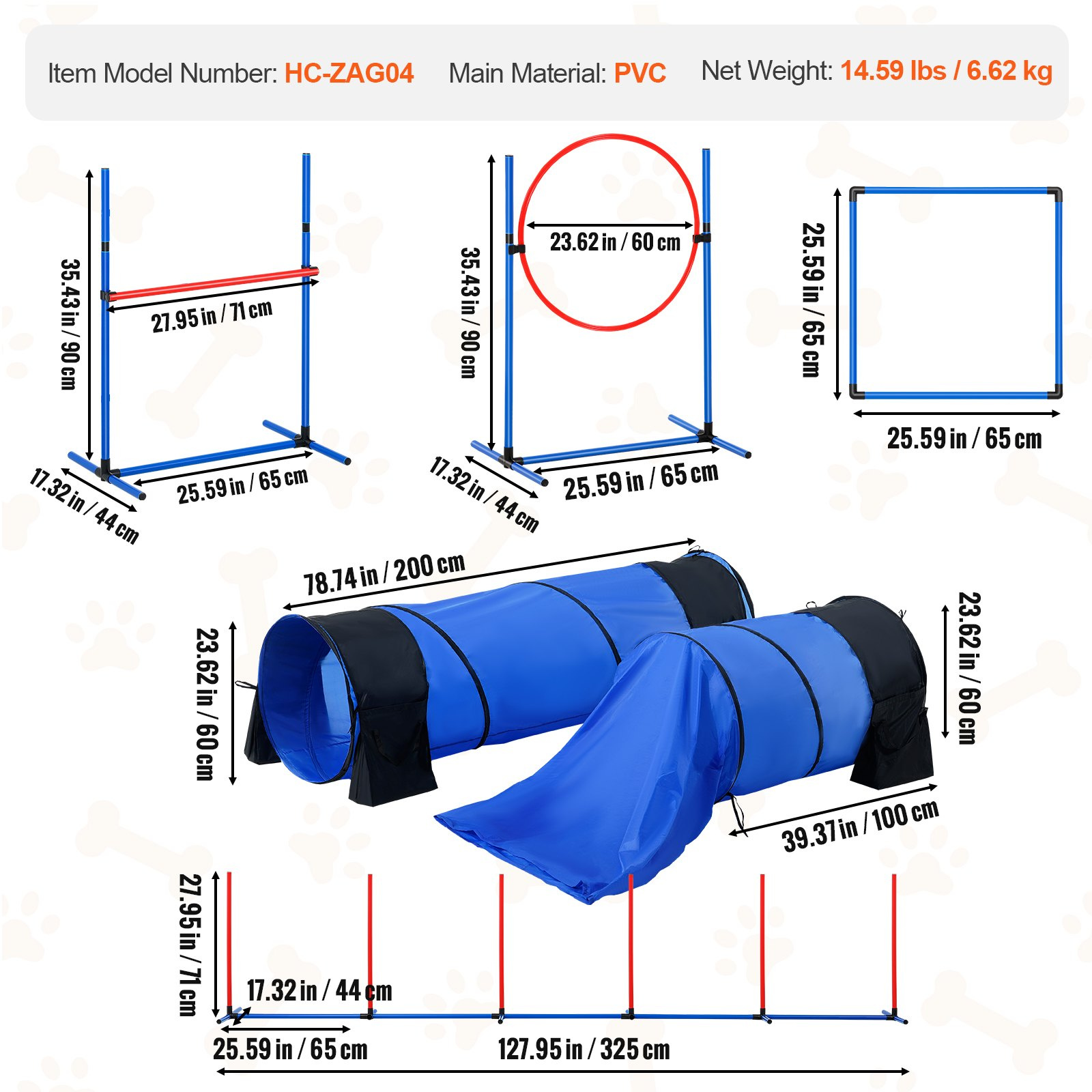 VEVOR Dog Agility Training Equipment 7 PCS Set w/ Hurdles 2 Tunnels Jump Ring - Image 7