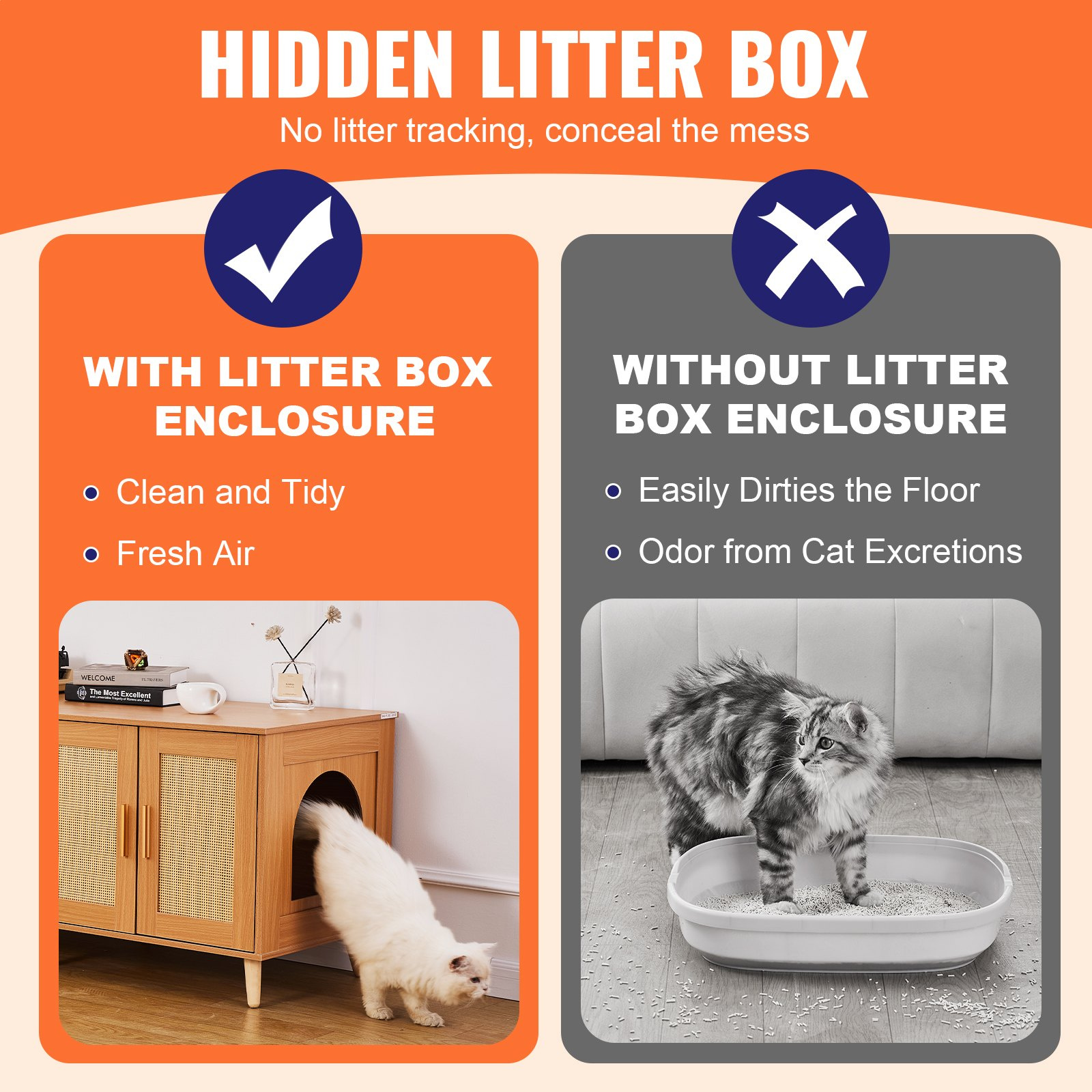 VEVOR Cat Litter Box Enclosure Wooden Litter Box Furniture Hidden for 2 Cats - Image 3