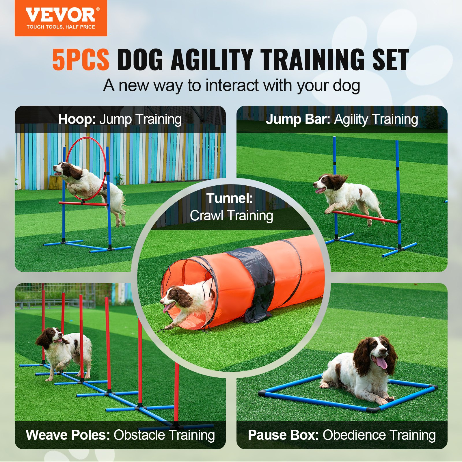 VEVOR Dog Agility Training Equipment 5 PCS Set Upgrade w/ Hurdles Extended Tunnel - Image 2