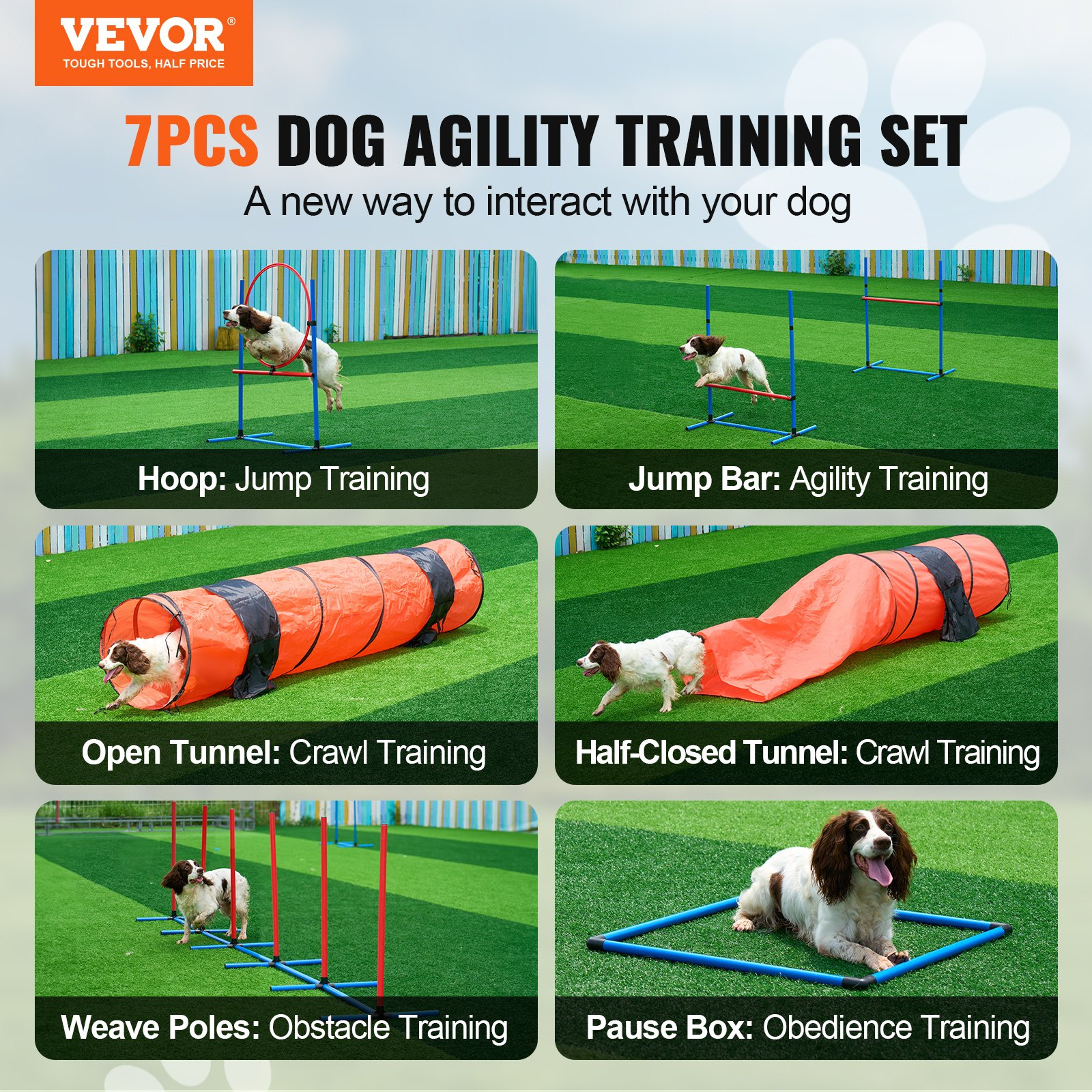 VEVOR Dog Agility Training Equipment 7 PCS Set Upgrade w/ Hurdles 2 Tunnels Ring - Image 2