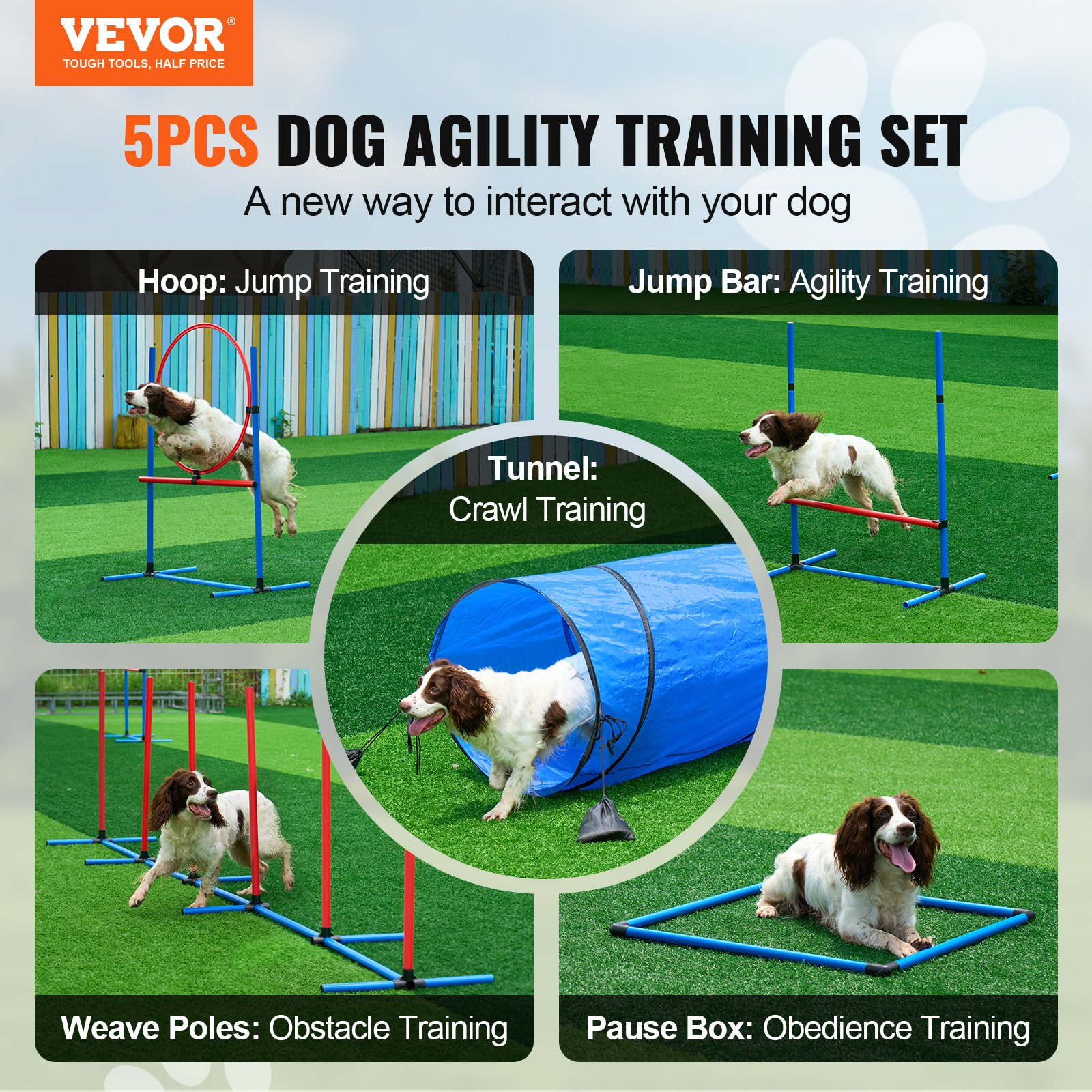 VEVOR Dog Agility Training Equipment 5 PCS Set with Hurdles Tunnel Jump Ring - Image 2