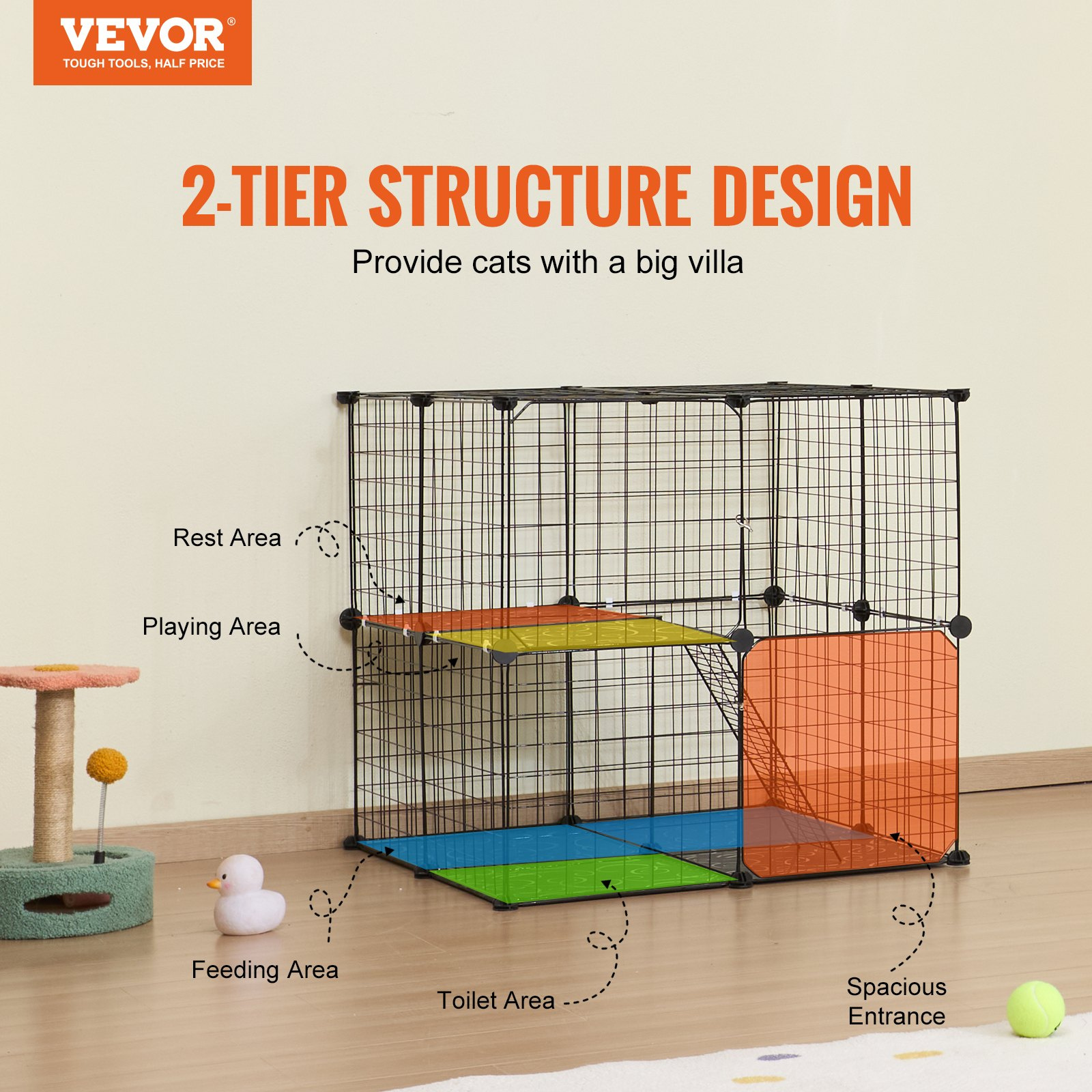Large 2-tier Cat Cage 28 x 28 x 28" Metal Wire Playpen Catio with Ladder - Image 2