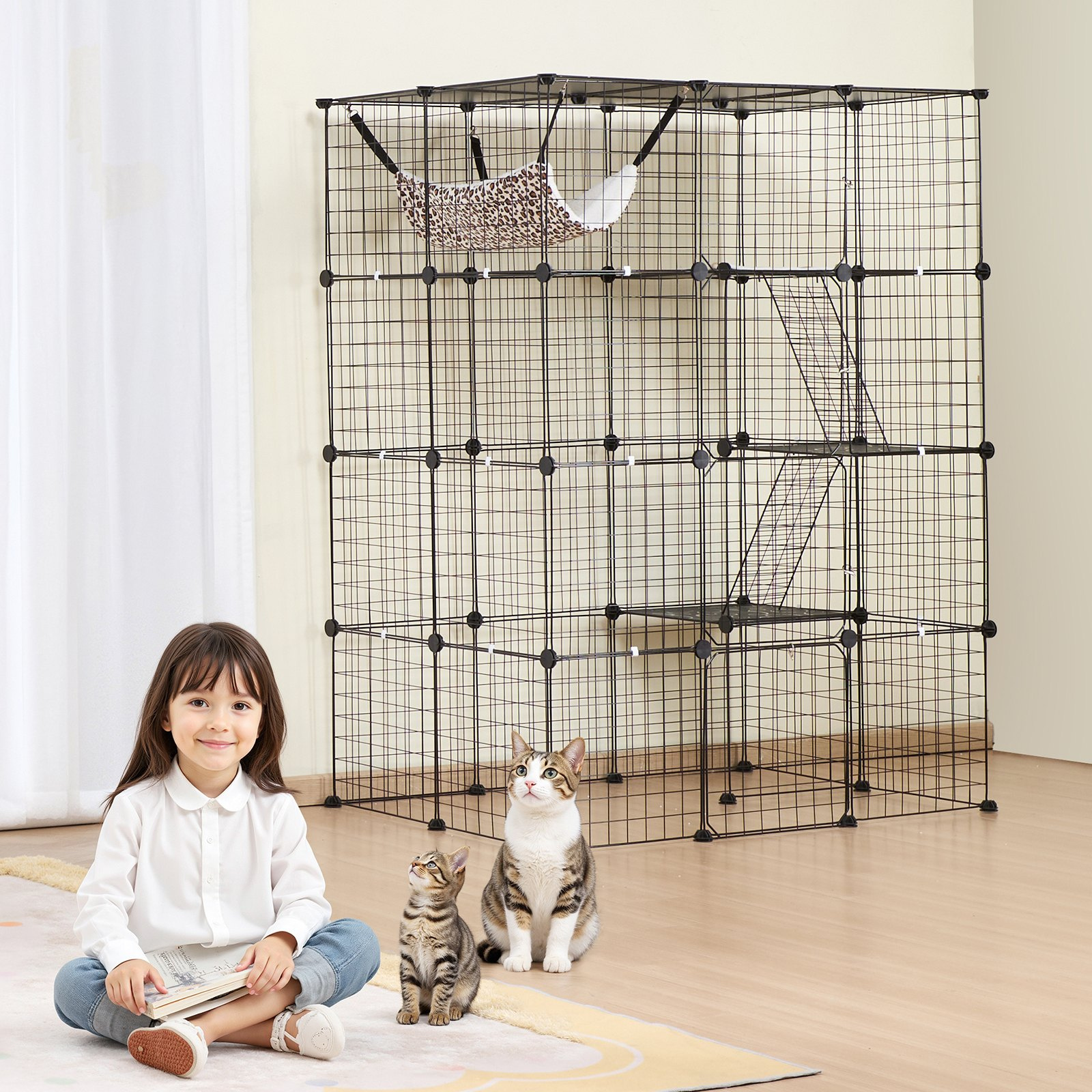 Large 4-tier Cat Cage 41 x 28 x 55" Metal Wire Cat Enclosure with Hammock - Image 8